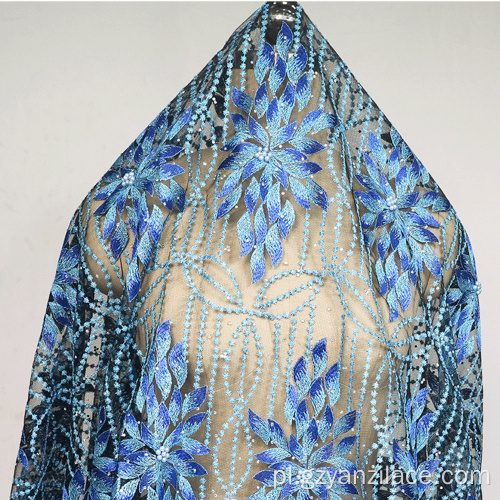 Niebieska koronkowa perłowa tkanina koronkowa z Dubaju